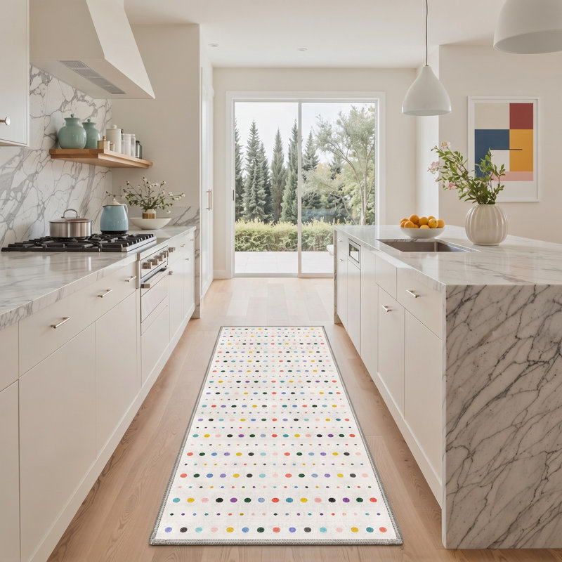Tapis de couloir blanc / bleu lavable à la machine avec envers antidérapant, Rond 5 pi