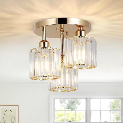 E26 Modern Crystal Chandelier, 3-Light Crystal Ceiling Light with Glass Lampshade, Ceiling Lamp Hanging Living Room, Glass Pendant Light for Bedroom, Kitchen, Hallway, Bathroom, Gold