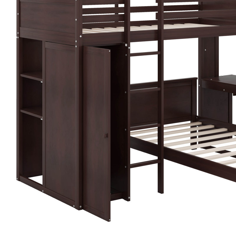 Lit mezzanine simple avec tablettes, bureau et garde-robe, Espresso