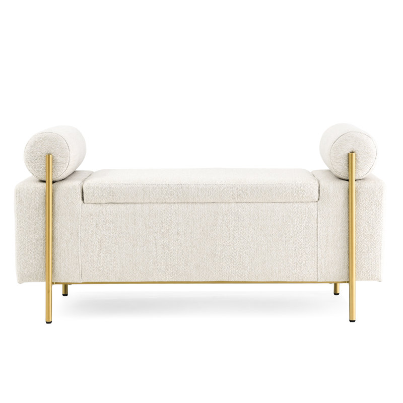 Upholstered Linen Storage Bench In Beige With Cylindrical Arms And Iron Leg Foundation For Living Room Bedroom Hallway Solid