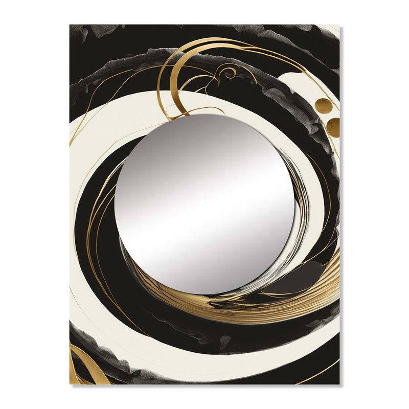 Rhylea noir, argent et or mélangeant des tourbillons II - spirales abstraites, miroir mural noir, 32 po x 24 po