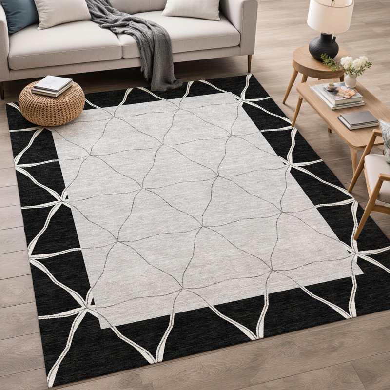 Machine Washable Indoor/Outdoor Chantille ACN2841 Border Rug, 5' x 7'6", Black