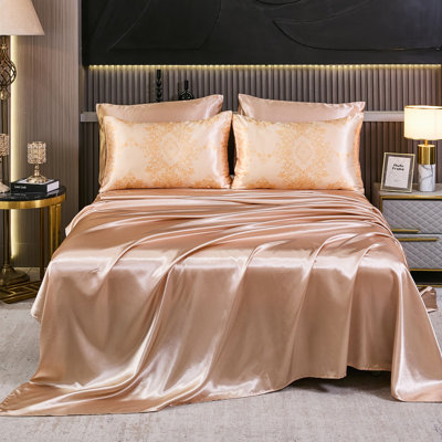 8 Pieces Gold Satin Comforter Set King Size Silk Like Satin Bed in a Bag Soft and Elegant Euro Floral Comforter Set with Sheet Set Boho Chic Flower Pattern Luxury Bedding Set