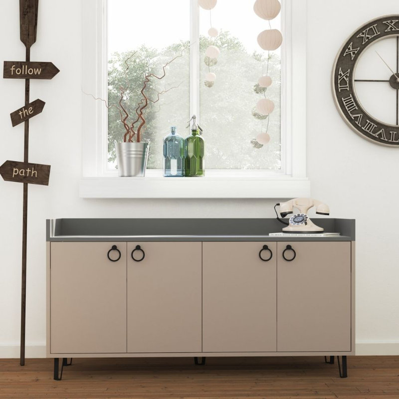 Brompton 140 Cm Wide Sideboard Modern Storage Cabinet with Hairpin Legs, Light Mocha/Anthracite