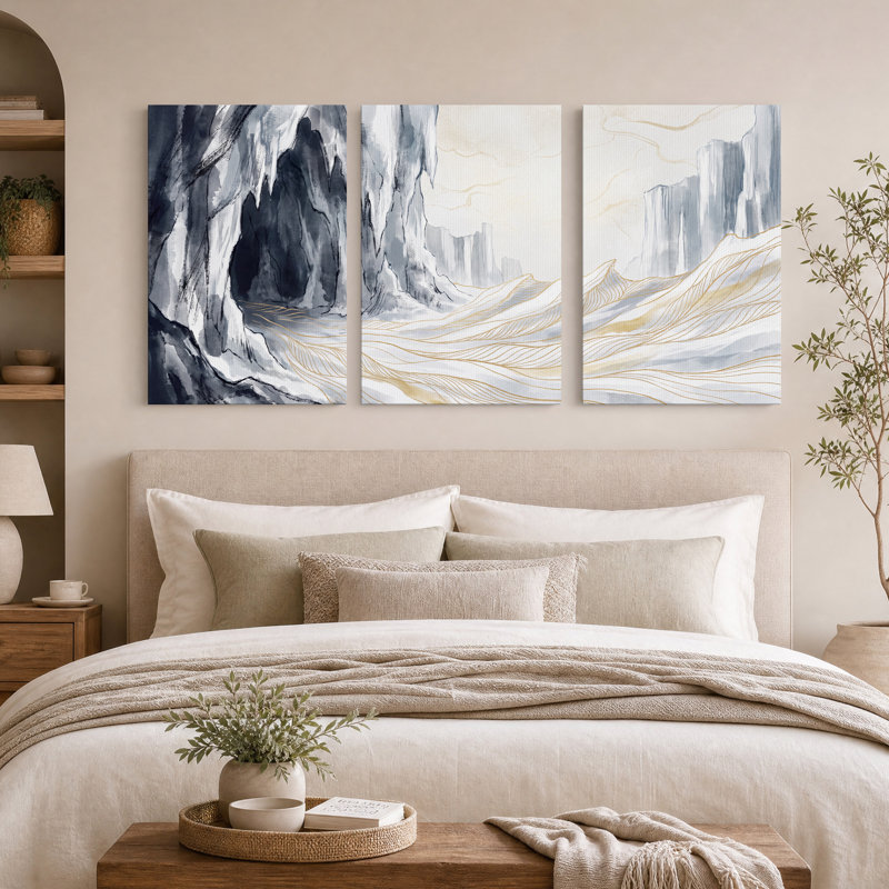 Ensemble de 3 toiles murales représentant un canyon en noir et blanc avec des ondulations de sable doré, 24"H x 16"W x 3pcs