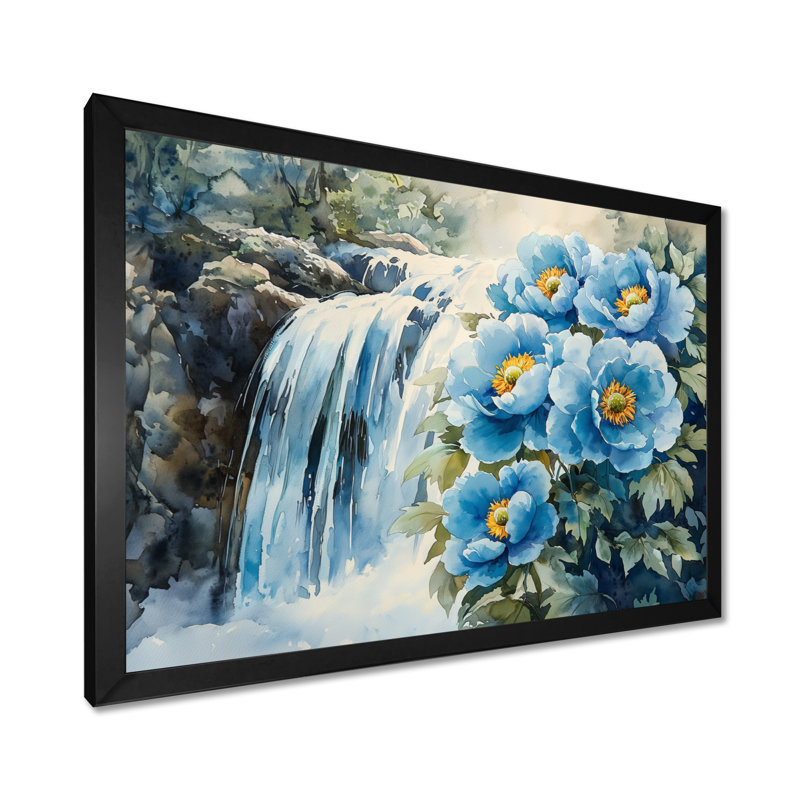 Pivoines par la cascade VI - art mural pivoines, H 12 po x l 20 po, Reproduction avec cadre flottant, Noir