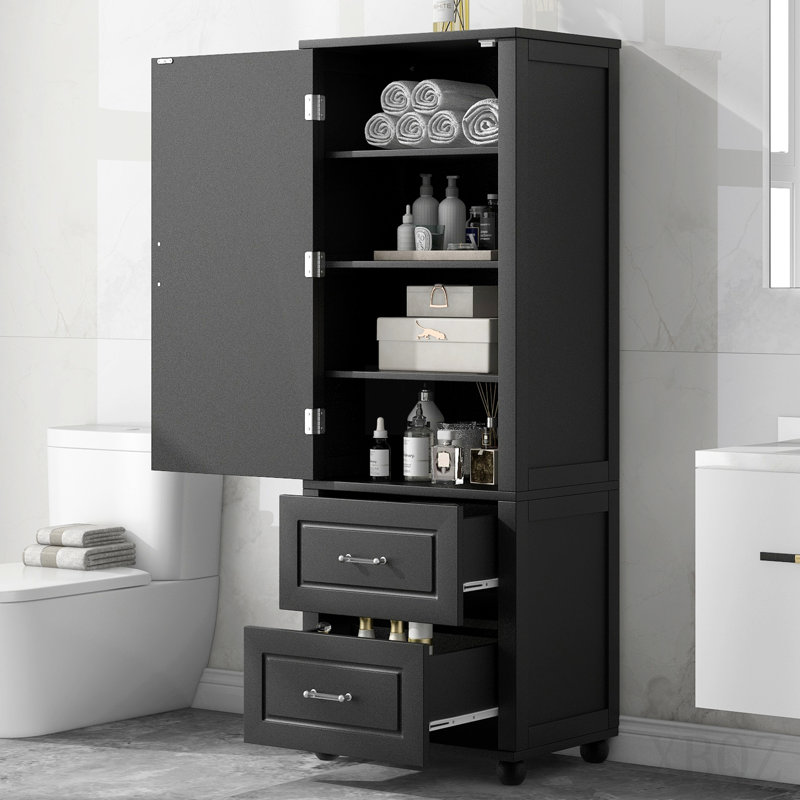 Tall Bathroom Storage Cabinet, Freestanding Storage Cabinet With Two Drawers And Adjustable Shelf, Mdf Board With Painted Finish, Black 