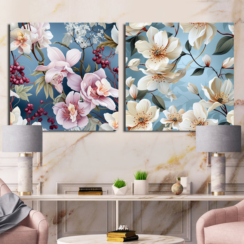 Florian - Ensemble de 2 collages floraux carrés, H 16 po x l 33 po, Toile tendue