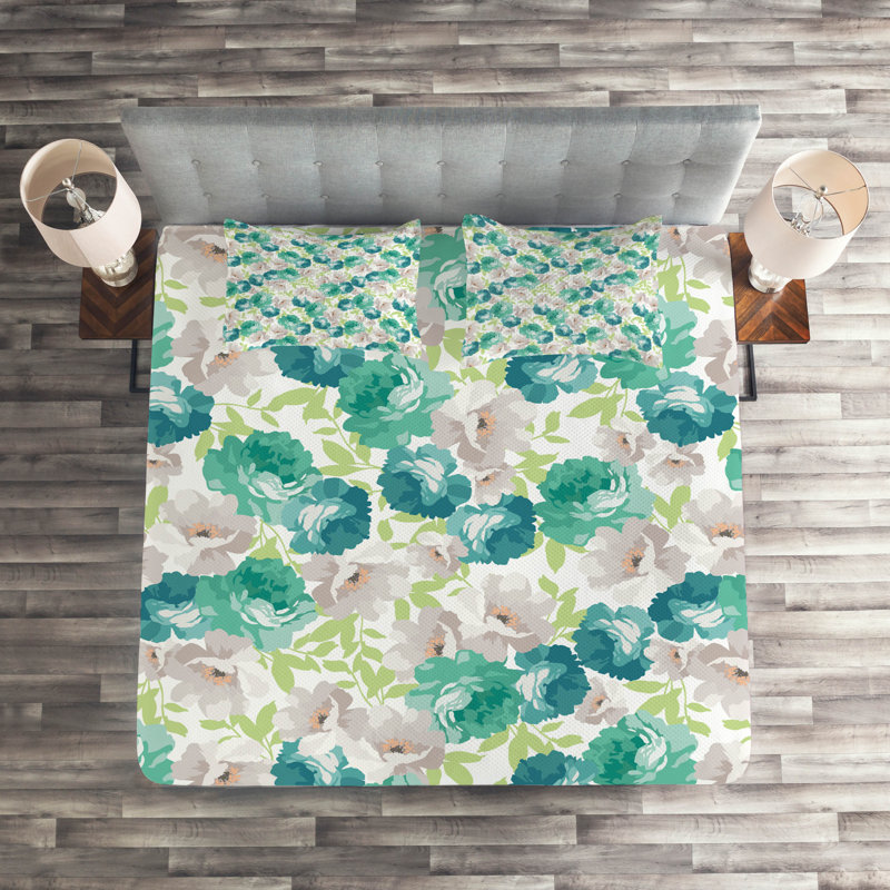 Farmhouse / Country Polyester Floral Coverlet, King Bedspread + 2 Shams, Blue