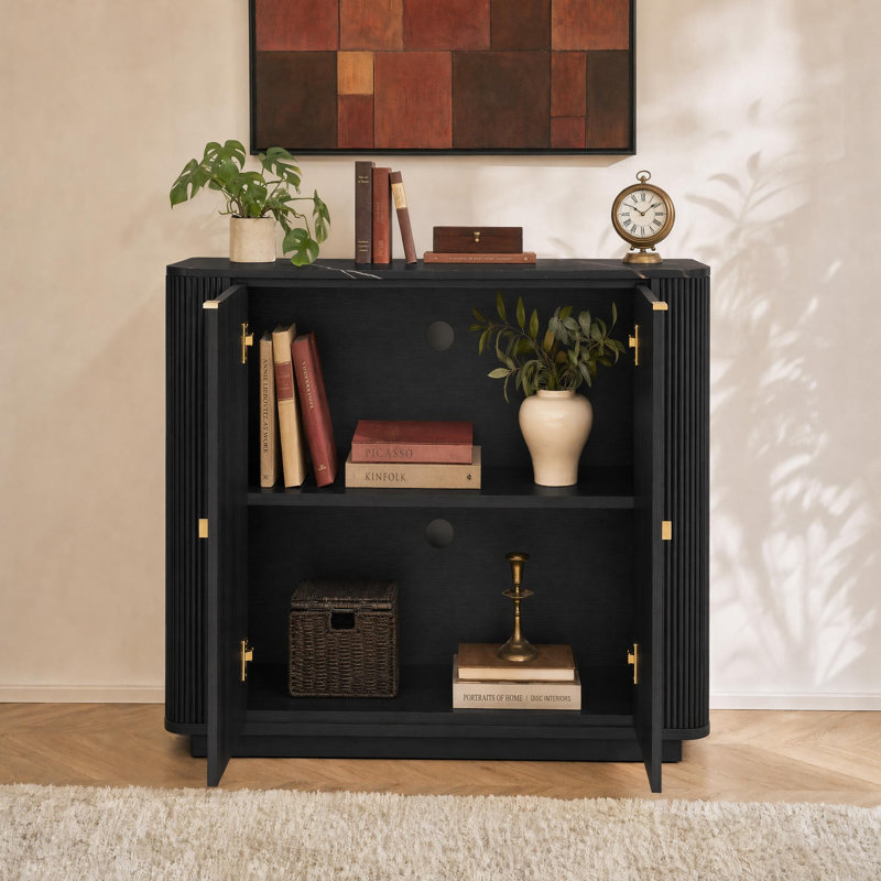 Buffet cannelé avec plateau en faux marbre, H 30,7 po x l 31,5 po x P 15,8 po, Noir