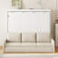 Lit armoire beige avec tablettes pliantes, étagères de rangement et éclairage à DEL doux, idéal pour les espaces de vie compacts
