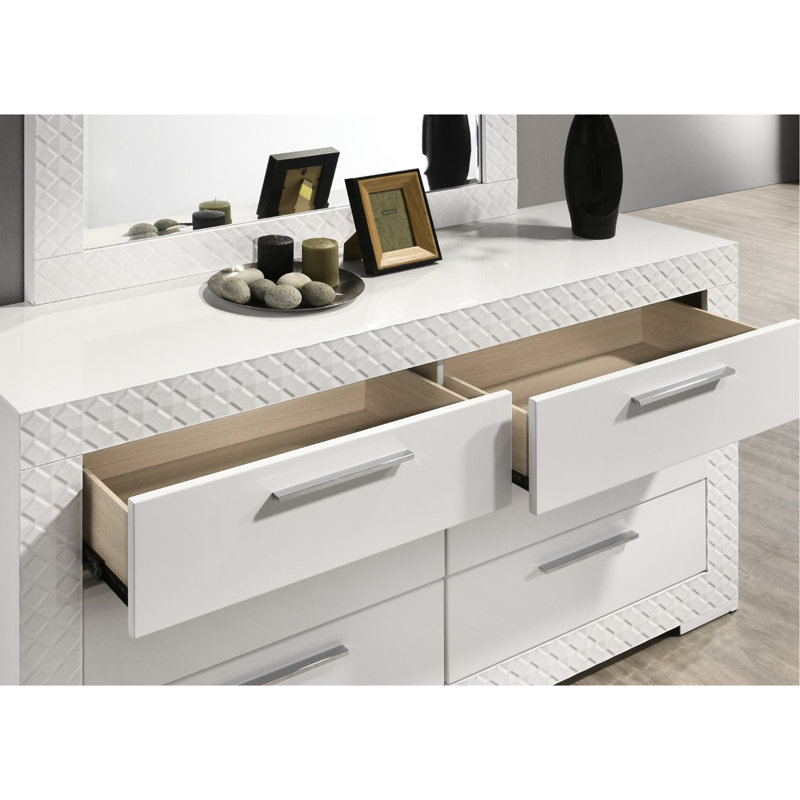 Table de chevet blanche moderne à 2 tiroirs avec quincaillerie, finition ultrabrillante et bois d'ingénierie