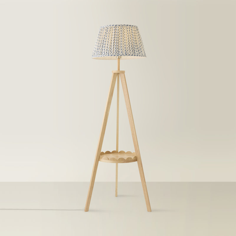Teece Matte Tripod Floor Lamp, With Bulb, Blue Floral, Mid Wood
