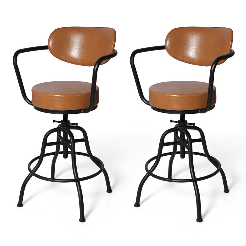 Industrial Bar Stool With Leather Backrest And Cushions 21.7-25.6Inch Height Adjustable Rustic Swivel Office Chairs Vintage Pub Stools For Kitchen Island Dining Room Living Room