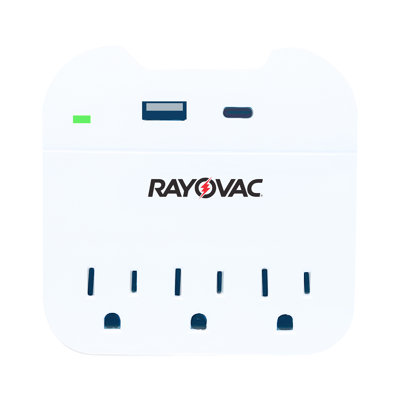 Robinet de protection mural avec prise de téléphone à 3 prises CA et 2 ports USB RAYOVAC®, avec support pour téléphone, blanc