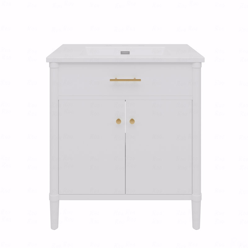 Meuble-lavabo 31 po avec lavabo, armoire de salle de bain avec portes à fermeture en douceur et tablette réglable, conception à profil courbé, pieds en bois d'hévéa