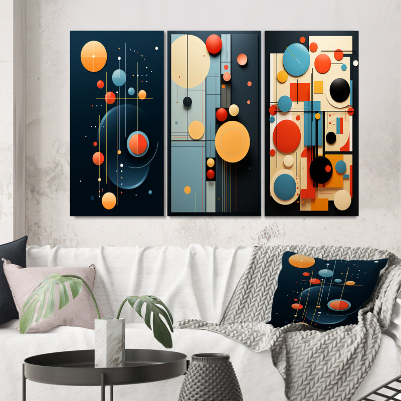 «Retro Bliss Abstract Circular Geometrics», 3 pièces sur toile, H 28 po x l 36 po, Toile tendue