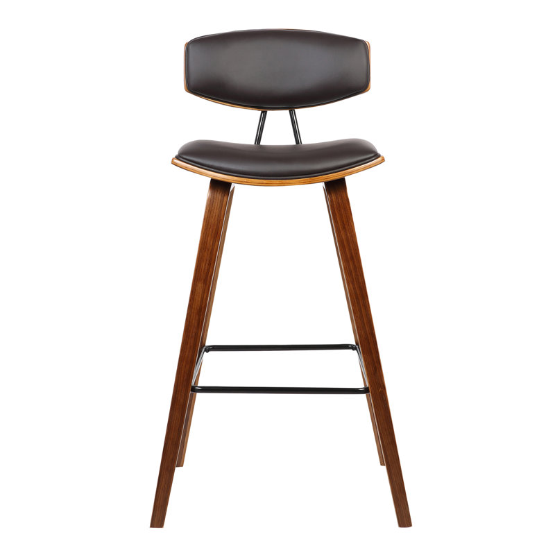Tellis Mid-Century Modern Armless Stool in Faux Leather and Wood, Counter Height, Brown, Walnut