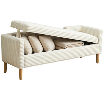 Corduroy Upholstered Storage Bench Entryway Bench Bedroom End of Bed Bench with 2 Throw Pillows