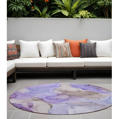 Tapis extérieur rond rond 8 pi gris et mauve à motif abstrait lavable