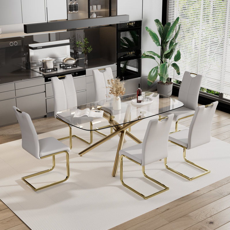 Rectangle Glass Pedestal Dining Set, Light Gray, 7
