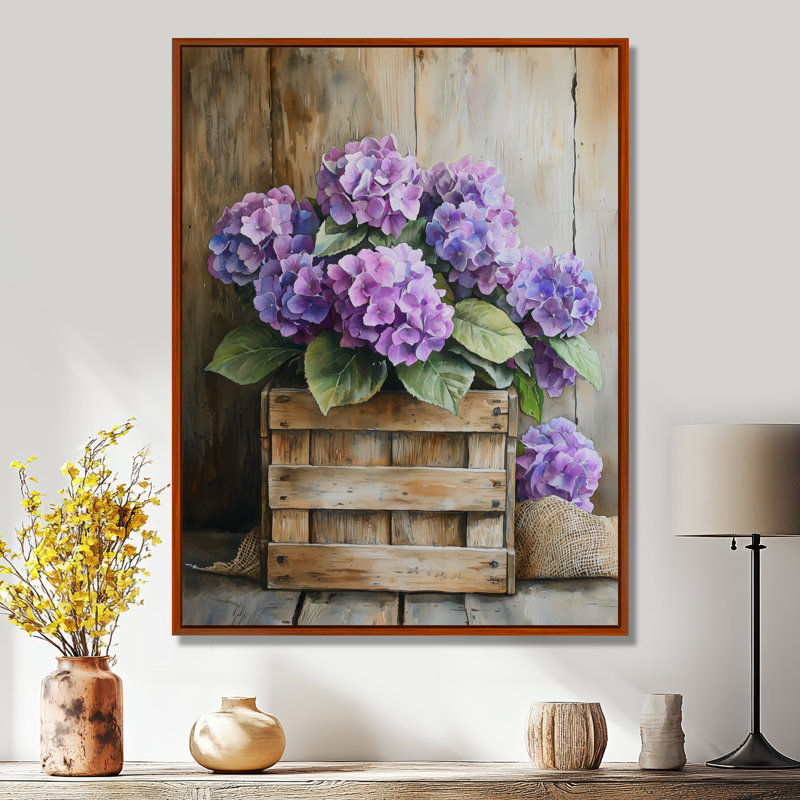 Esteban Hydrangeas Bouquet In A Wooden Crate II - Hydrangea Wall Art, H 20 po x l 12 po, Reproduction avec cadre flottant