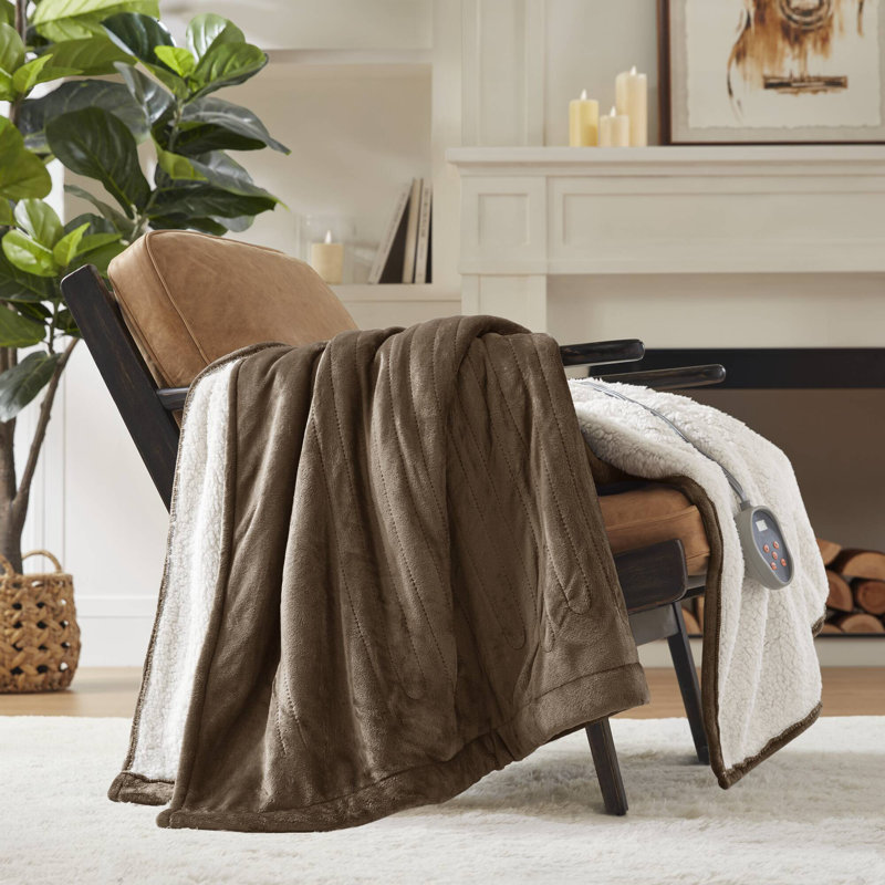 Twin Chocolate Reversible Sherpa Knitted Heated Blanket