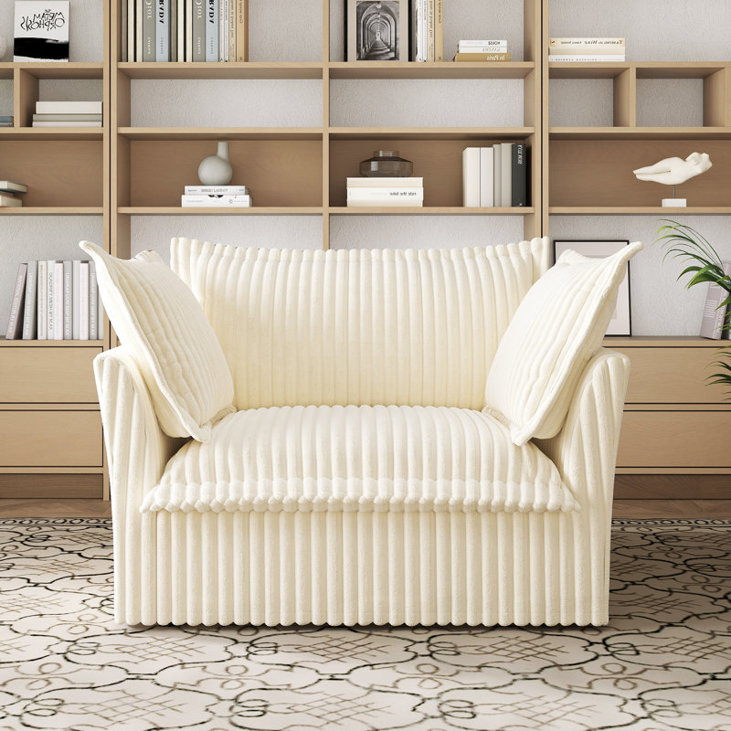 Slip-covered Armchair With 1 Big Back Cushion And 2 Big Toss Pillows, Single Deep Seat Comfy Single Couch Sofa Multiple Large Soft Pillows, Corduroy Fabric