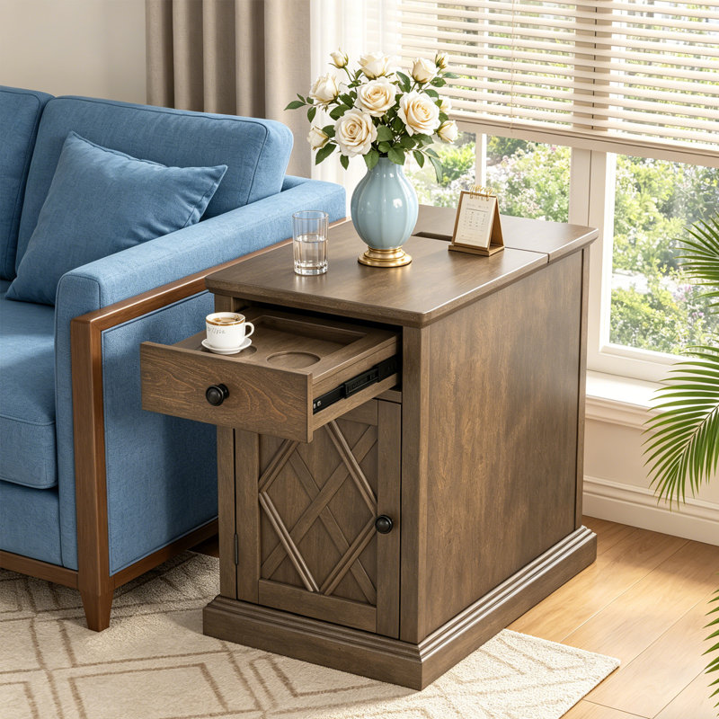 Table de bout Farmhouse avec station de charge - Table d'appoint étroite et table de chevet avec tiroir, armoire de rangement
