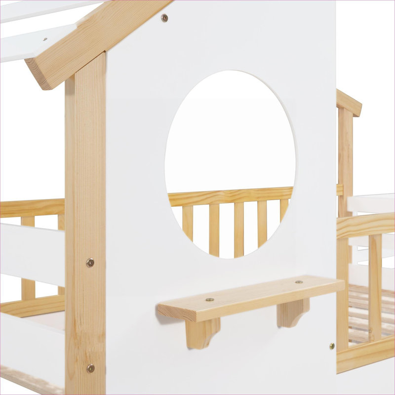 Kids Bedroom Playhouse Twin-Over-Twin Bunk Bed With Storage And Guard Rail, Classic White Solid Wood