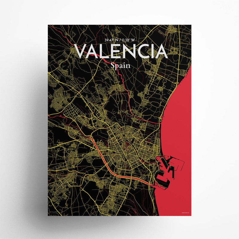 Valencia, carte de la ville, impression, Noir / rouge / jaune, H 24 po x l 18 po