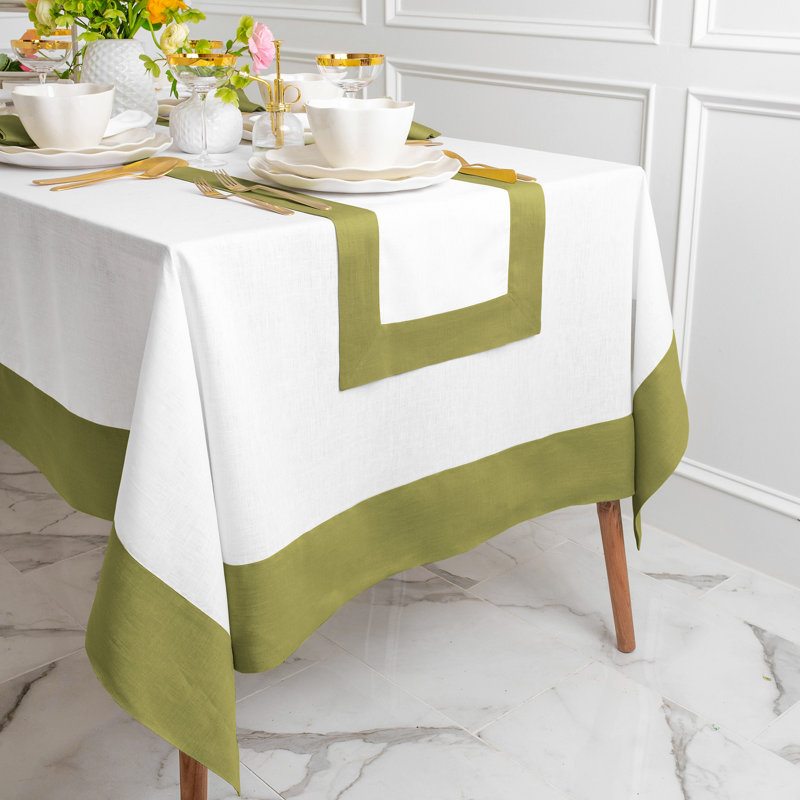 Contempo - 100% Pure Linen Tablecloth, 90" x 60", Avocado/White