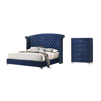Chantel Pacific Blue 2-Piece Upholstered Bedroom Set with Chest -  CDecor Home Furnishings, 223148KE-S2C