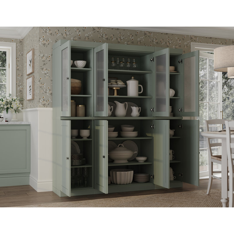 Vaisselier 100% bois massif 65 "avec verre givré, portes solides et tablettes réglables, Sauge