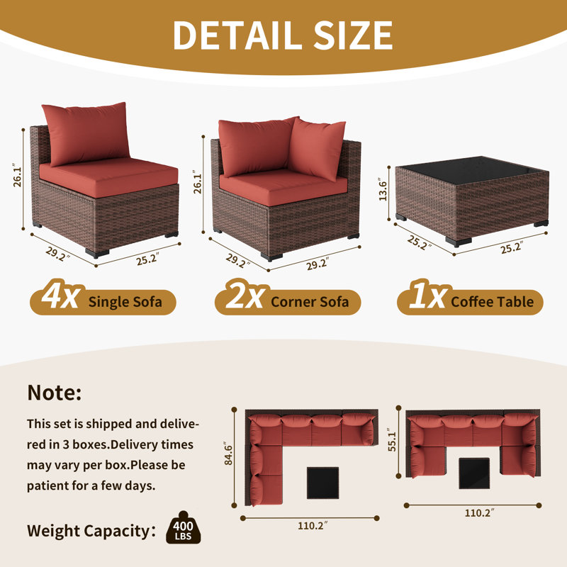 7 Piece Patio Conversation Set With Coffee Table And Cushions, Brown, Red