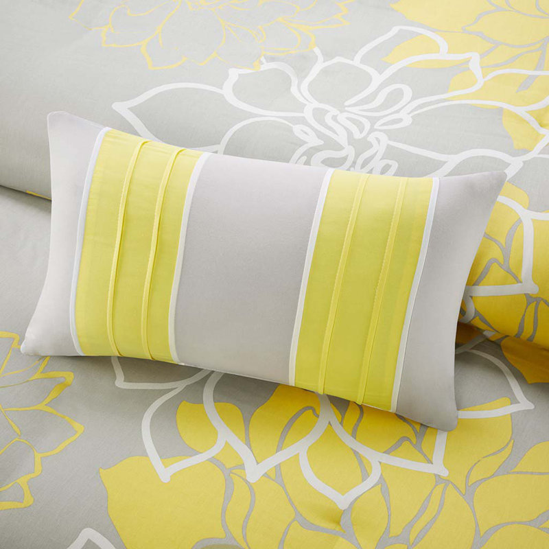 6 Piece Printed Cotton Quilt Set With Throw Pillows Taupe Grey/Yellow, Full/Queen Quilt + 2 Standard Pillow Shams