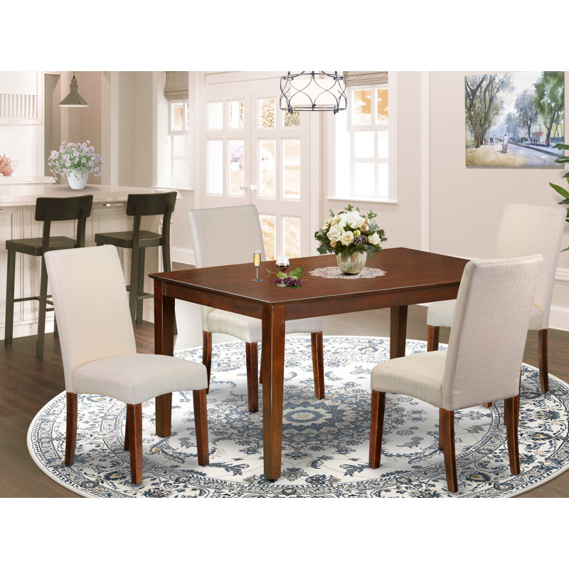 Ensemble de table de salle à manger moderne 5 pièces comprenant une table rectangulaire en bois et 4 chaises rembourrées en tissu crème, 36 x 60 pouces, acajou