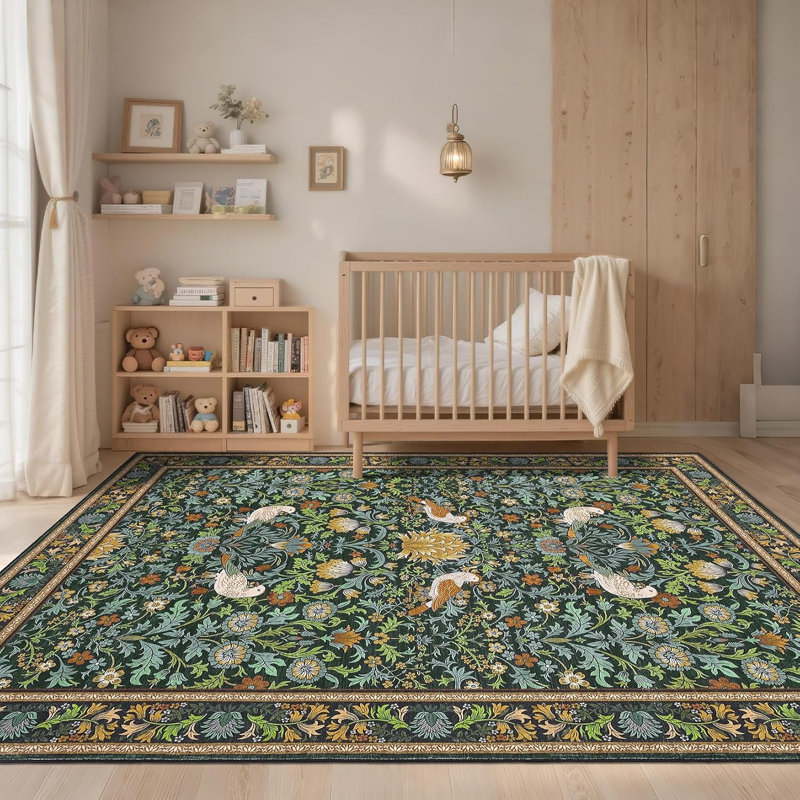 8x10 Floral Area Rug – Machine Washable, Non-Slip, Low Pile, Stain-Resistant for Living Room, Bedroom, Classroom (Green)
