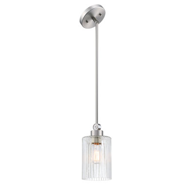 1-Light Brushed Nickel Clear Ribbed Glass Mini Pendant, Hanging Height Adjustable, Perfect Lighting Fixture for Kitchen Islands, Bars, Bedrooms | Glass Shade 5"Dia.