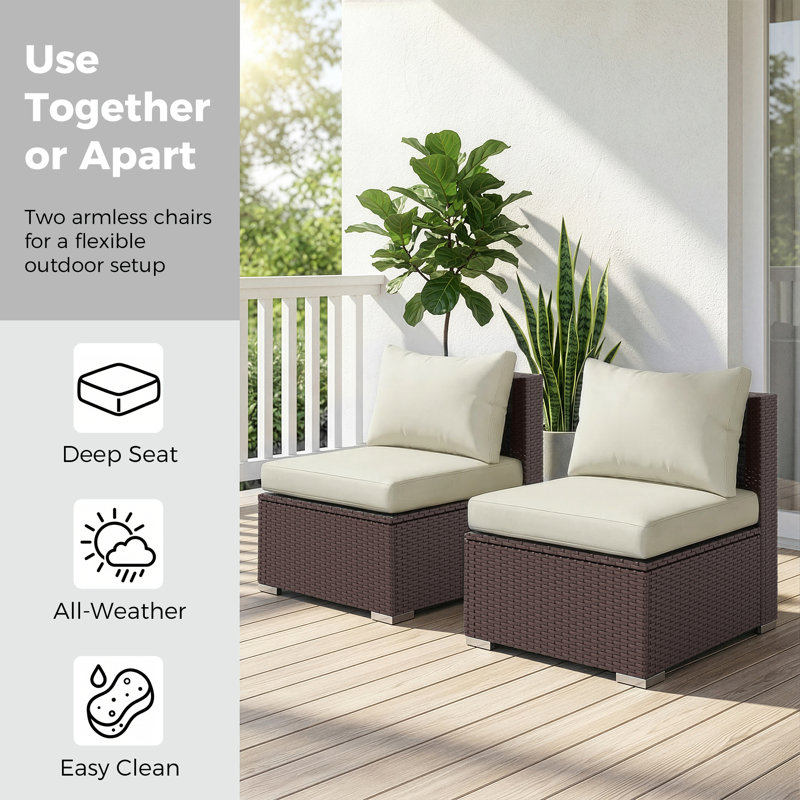 2-Piece Outdoor Armless Sofa, Beige Cushion/Brown Frame