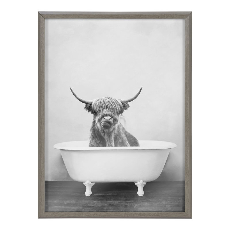 Highland Cow in the Tub BW by Amy Peterson - Picture Frame Print on Glass