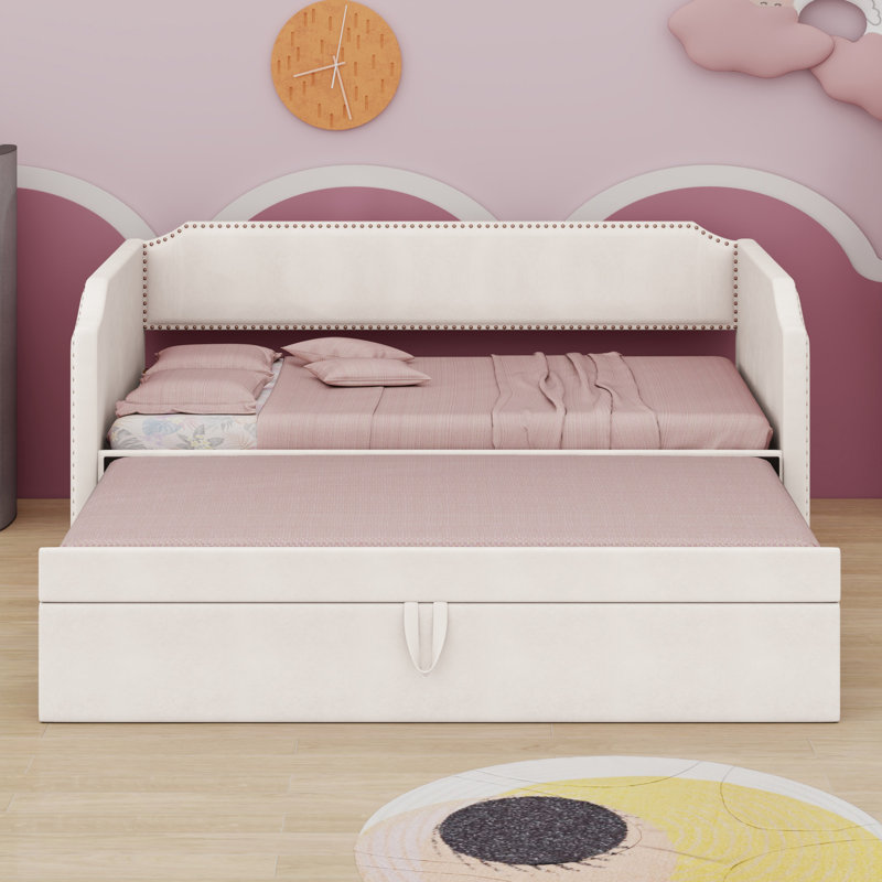 Lit de jour en velours avec lit gigogne, Beige