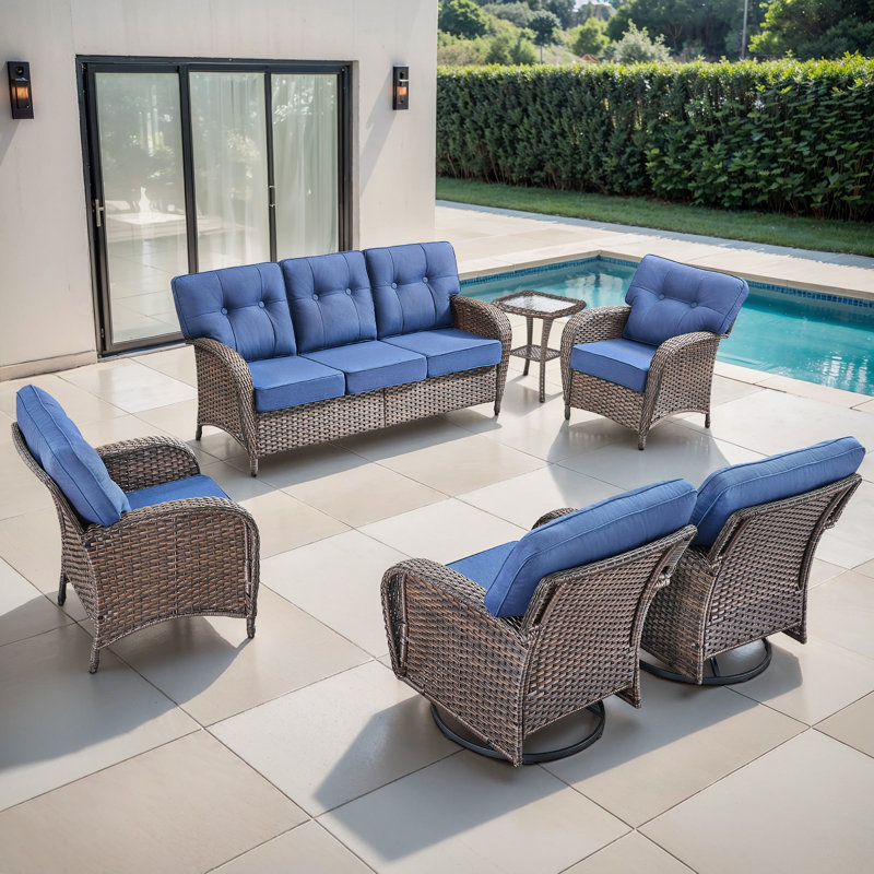 Agnes 7 Person Outdoor Wicker Patio Conversation Furniture With T-Back Cushions, Blue