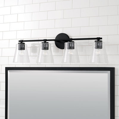 Meuble-lavabo 4 lumières l 32 po x H 9,5 po noir mat avec verre bullé transparent