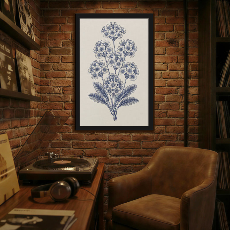 Plantes et fleurs, motif floral bleu sur toile crème