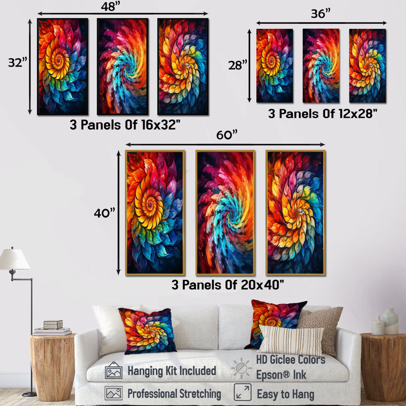 Ensemble de salon coloré 3 pièces Fractal Spiral, Cadre flottant blanc, H 32 po x l 48 po