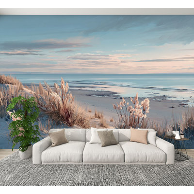 Coastal Peel and Stick Wallpaper Beach Landscape Painting Gentle Waves Grasses Wall Murals 100"H x 144"W Removable Relaxing Seascape Wall Paper Self-Adhesive Wall Decor for Bedroom Living Room Home Office