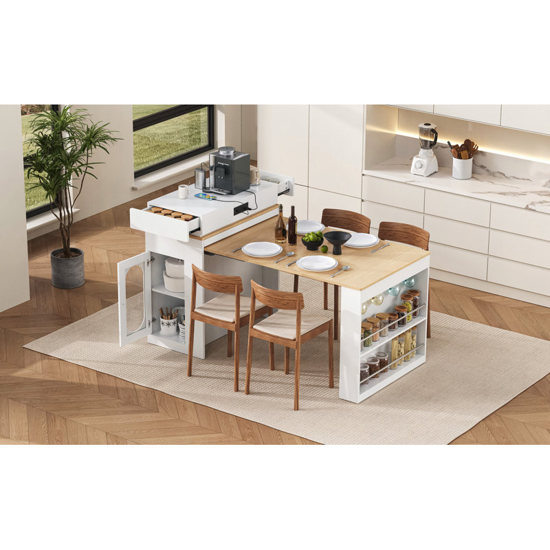 Table de salle à manger extensible avec plateau pliable, table de bar avec tiroirs et prise de courant, îlot de cuisine avec roulettes et crochets, buffet pour la cuisine et la salle à manger