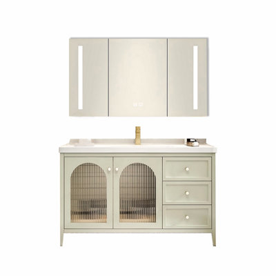 43.70"Cream Color Solid Wood Rubberwood Freestanding Bathroom Washbasin Vanity With a Mirror Cabinet