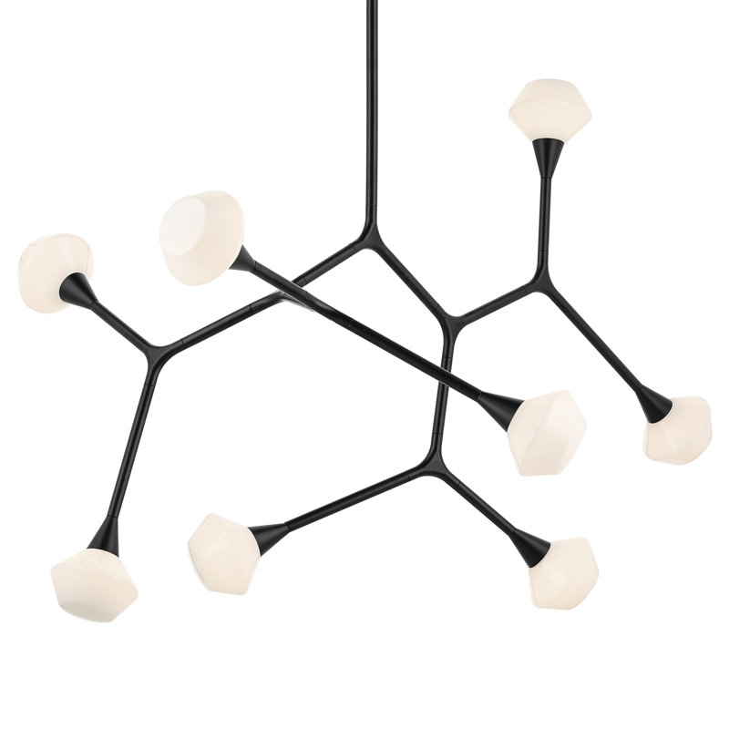 Convertible Modern Adjustable Chandelier with Opal Glass, Satin Black, 8, 31.25" H x 26.5" W x 52.5" D